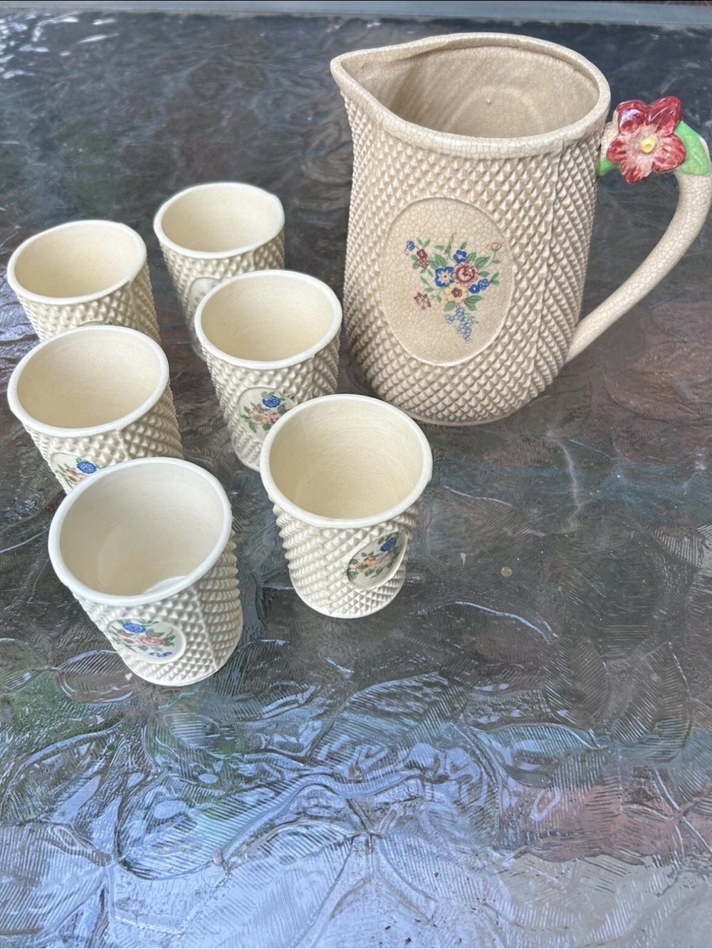 Vintage Tashiro Shoten Japan Ceramic Hobnail Floral Pitcher with 6 glasses